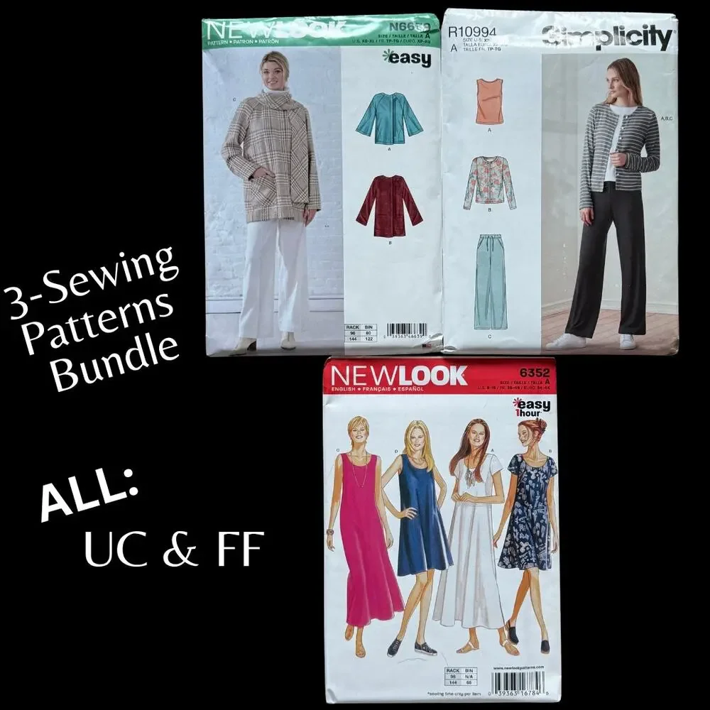 UC & FF 3-Sewing Patterns Bundle Simplicity NEWLOOK Coat Jacket Dress Size XS-XL
